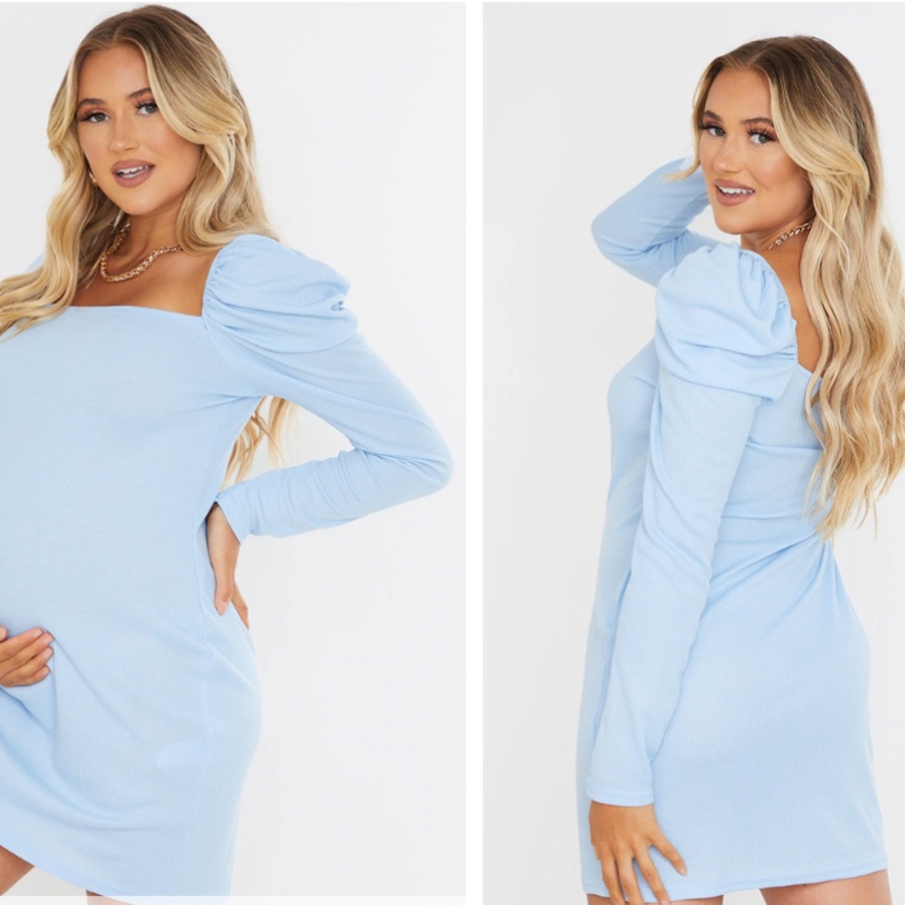 NWT Maternity Baby Blue Puff Shoulder Long Sleeve Rib Mini Dress